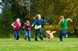 Group of kids racing a dog
